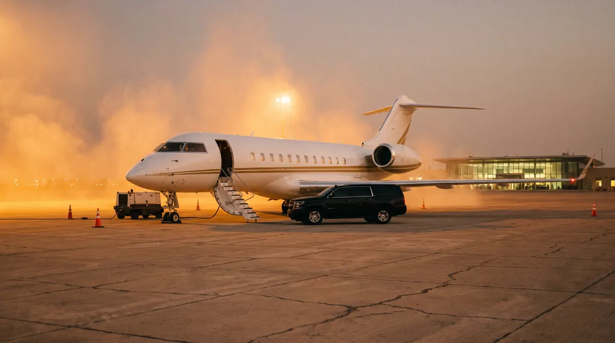 Private jets for sale in the Middle East, business jet on a Gulf VIP apron at dusk