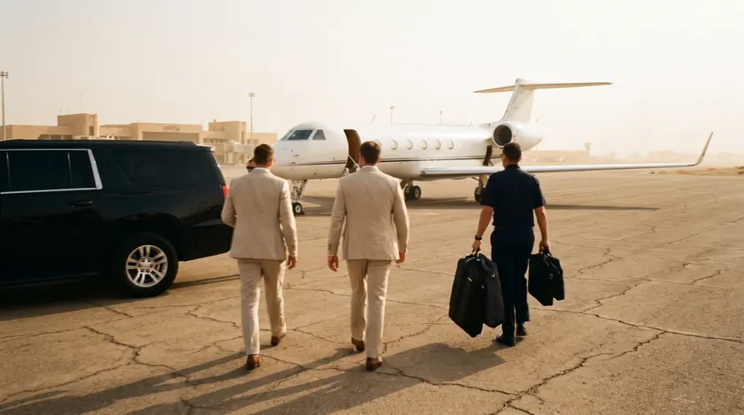 Passengers boarding a private jet charter at a Gulf VIP terminal