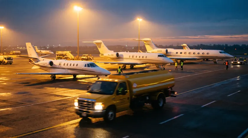 Pre-owned private jets for sale on a Gulf VIP apron at dusk